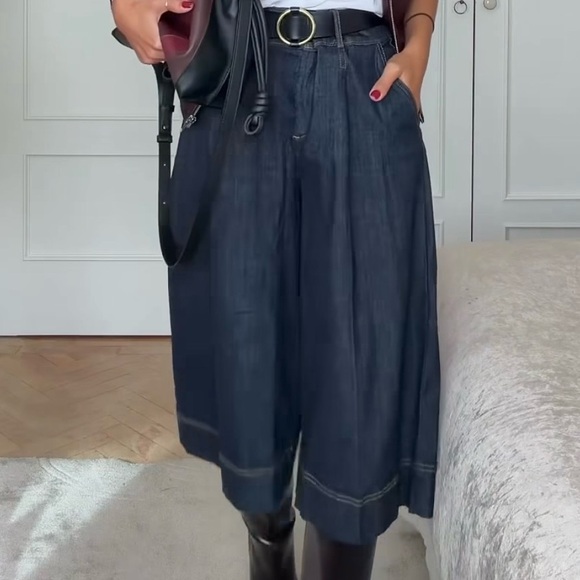 ZARA Dark Indigo Wide-Leg Culotte Pants - Picture 3 of 10